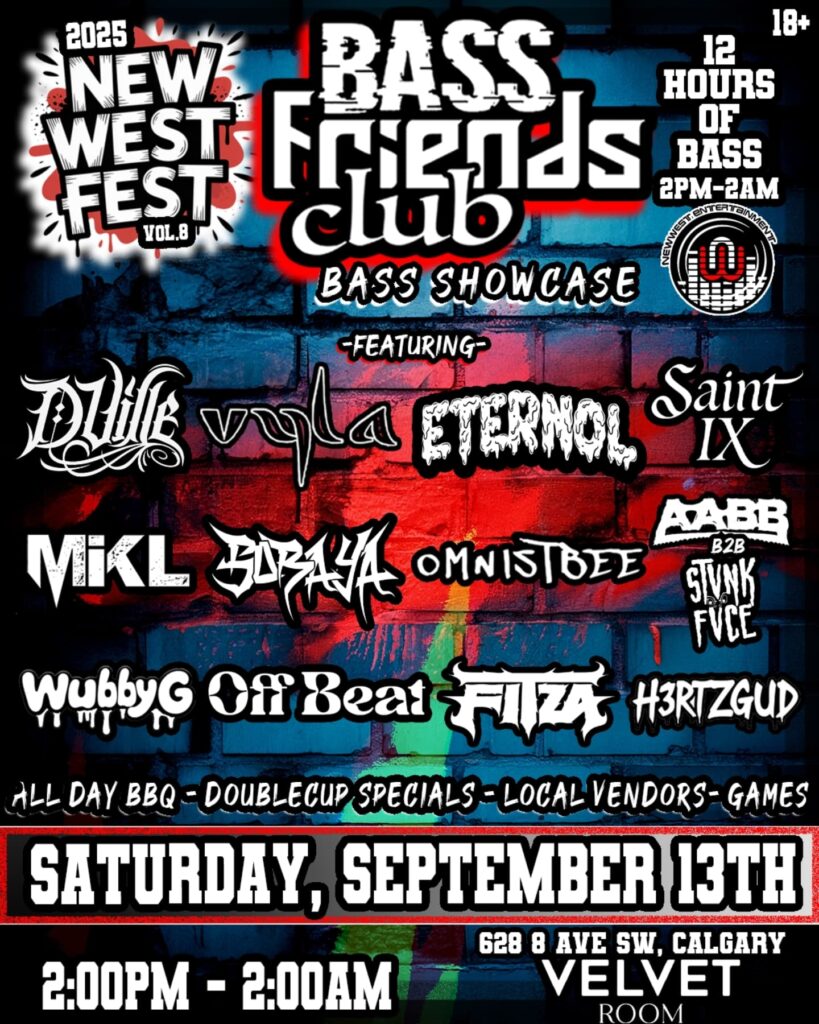 Crowd dancing at Newwest Fest 2025 Vol.8 with DJs, BBQ, and live performances inside Velvet Room and Rumur Calgary