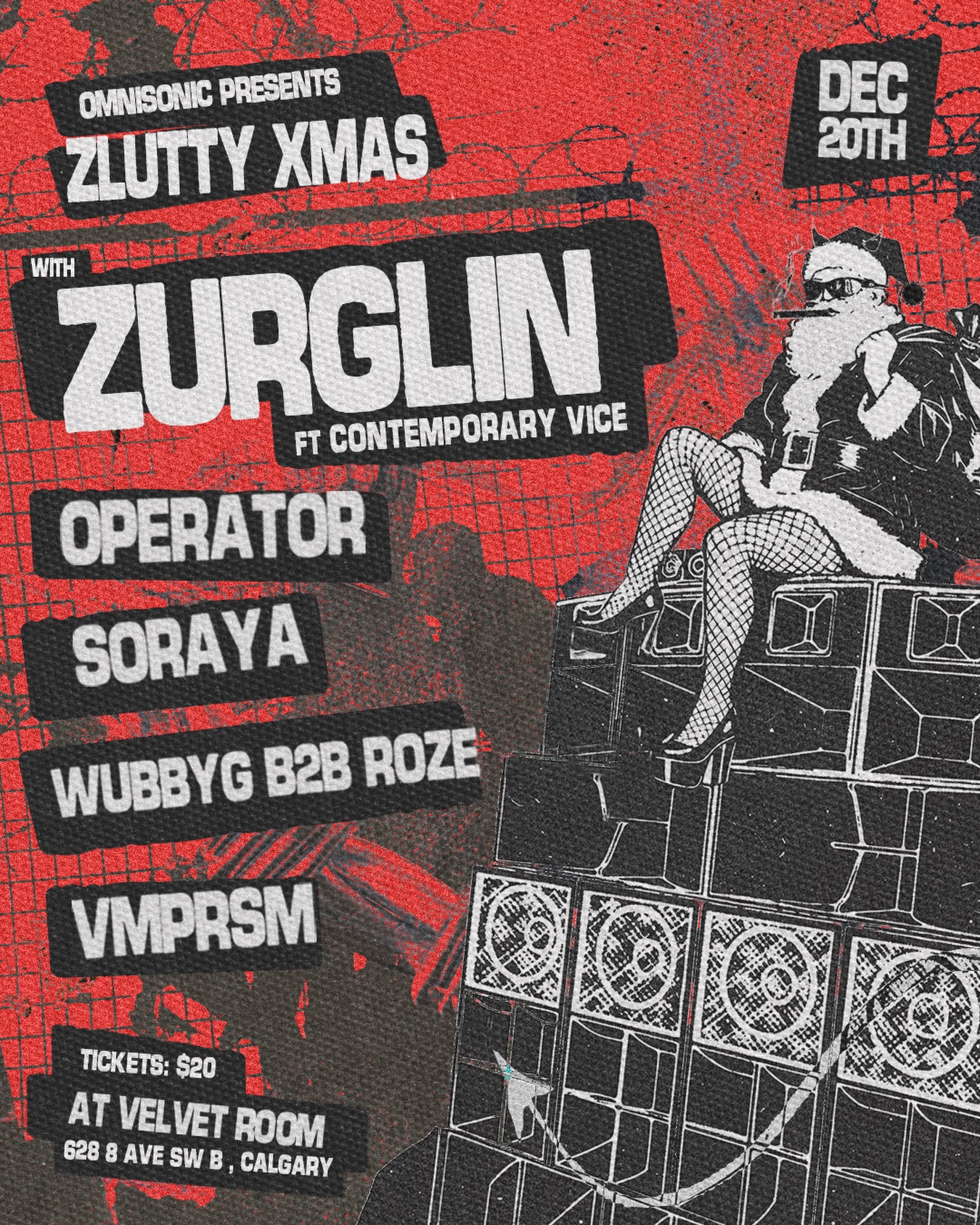 ZLUTTY XMAX Christmas Celebration poster featuring ZURGLIN, Contemporary Vice, OperatorDub at Velvet Room Calgary Dec 20, 2025
