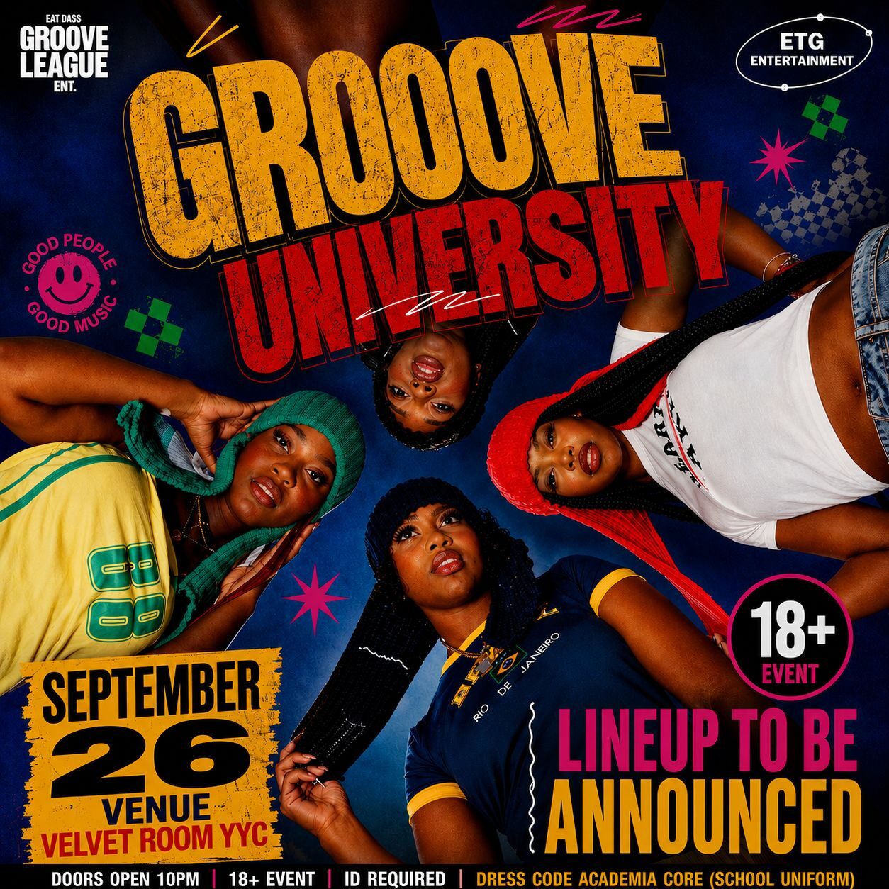 Groove University event at Velvet Room in Calgary on September 26, 2026, featuring Academia Core dress code.