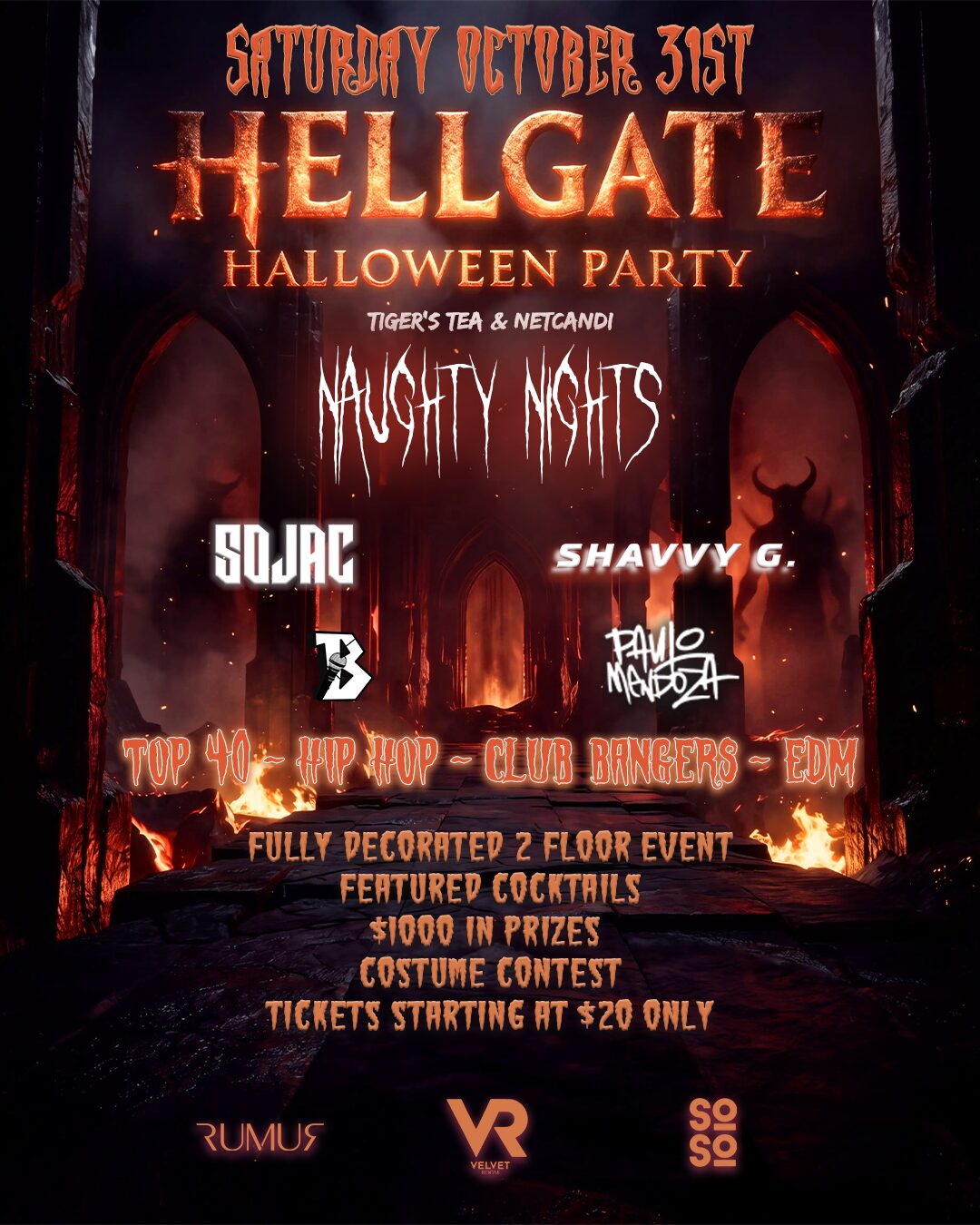 Velvet Room HELLGATE Halloween party crowd dancing under spooky decor at 628 8th Ave SW Calgary with DJs and costume contest prizes